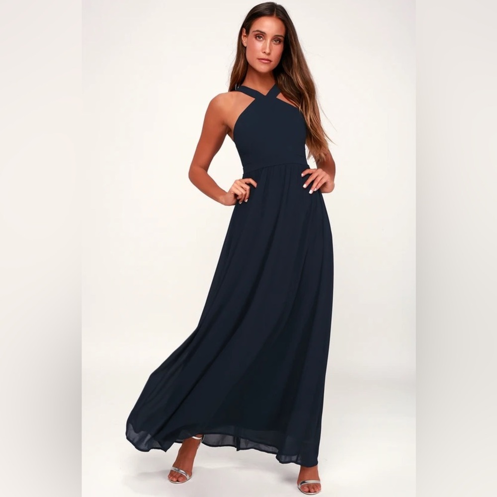Lulu’s “air of romance” Navy Maxi Dress/ Bridesmaids dress.